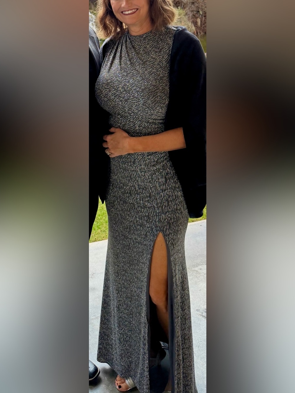 Betsy & Adam Silver Metallic Glitter Evening Gown with Front Slit